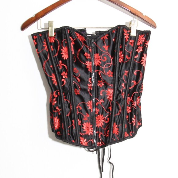 Living Dead Souls Lace-Up Corset Top Strapless Red Black Floral Lace Size Small - Picture 1 of 10